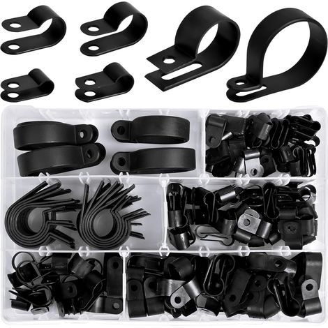 200 Pièces Serre-Câbles en Nylon, P Clips Colliers de Fixation de Tubes en Plastique Nylon, Attaches, pour Câble de Fixation de Tuyau, pour Conduits, Câbles, Gaines Ø 5/6/9/12/19/28mm - Noir (1/5)