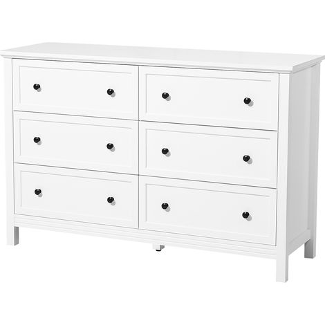 Mophorn Kommode mit 6 Schubladen, Holzschrank mit Schiebe- und Kippschutz, Retro-Design als TV-Ständer und Organizer für Wohnzimmer, Schlafzimmer und Eingangsbereich (weiß)