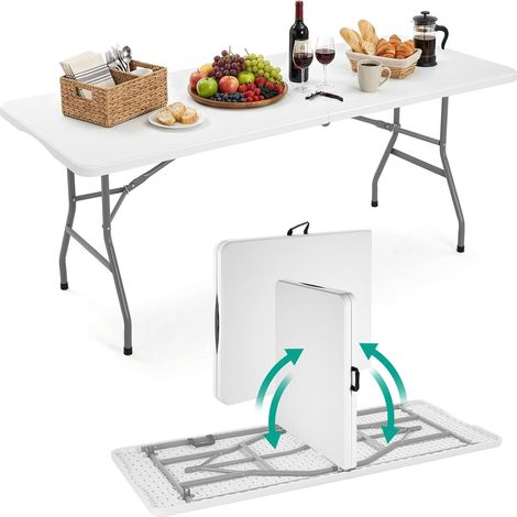 Tavolo da Giardino Pieghevole 180x75 cm, Tavolo da Buffet, Bianco in HDPE Plastica, Tavolo da Campeggio Pieghevole con Impugnatura di Trasporto Bianco (1/5)