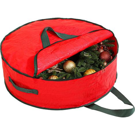 Bolsa de almacenamiento para coronas navideñas de 61 cm, con cierre de doble cremallera y asa, caja de almacenamiento resistente e impermeable. (1/5)