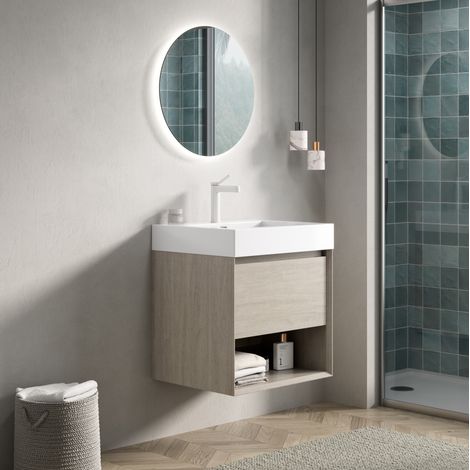 Mueble lavabo baño 55x46x60 cm, lavabo integrado de resina, cajón y estante abierto, madera contrachapada, blanco y roble claro (1/5)