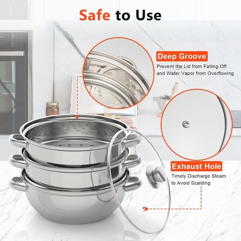 28cm Cuiseur Vapeur en Acier Inoxydable à 3 Niveaux avec Couvercle en Verre Transparent Panier Vapeur Rond pour Diverses Cuisinières, pour Cuisson Vapeur Fruits Mer, Poissons, Crustacés (1/5)