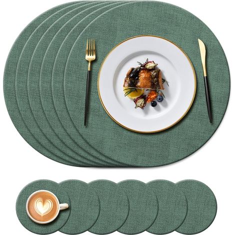 Lot de 12 sets de table ronds en cuir vert, lavables, résistants à 100°C, antidérapants et imperméables. (1/5)