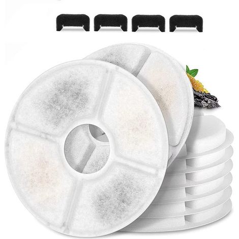 Filtre de rechange pour fontaine à eau pour chat, lot de 6, filtres à charbon ronds pour fontaine automatique pour animaux de compagnie de 2,4 L (81 oz/2,4 L) avec dessus en acier inoxydable (1/5)