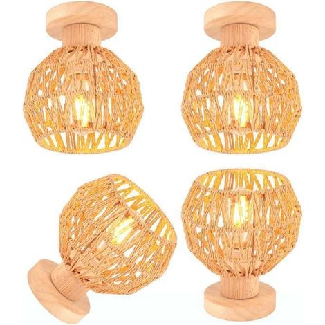 Lot de 4 Plafonnier Industriel Vintage 16cm Lustre Abat-jour en Rotin Brun E27 Lampe de Plafond Design Cage pour Salon (1/5)