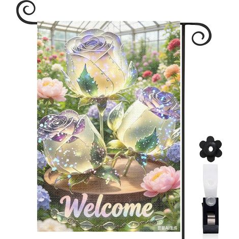 Drapeau de jardin roses cristallines et fauteuil 30 x 45 cm décoration cour et balcon (1/5)