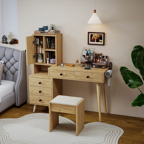 Coiffeuse aspect bois naturel miroir rétractable 5 tiroirs armoire latérale tabouret rembourré beige rangement maquillage moderne (1/5)