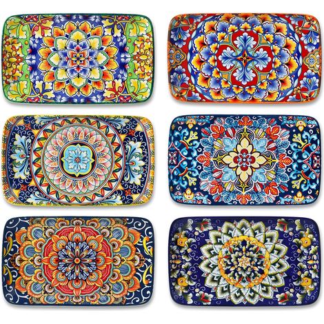 Lot de 6 Assiettes Rectangulaires en Porcelaine - 22 x 13 cm Assiettes Plates pour Entrées, Sushis, Fruits, Salades et Desserts, Adaptés au Lave-vaisselle et au Micro-ondes, Style Bohème (1/5)
