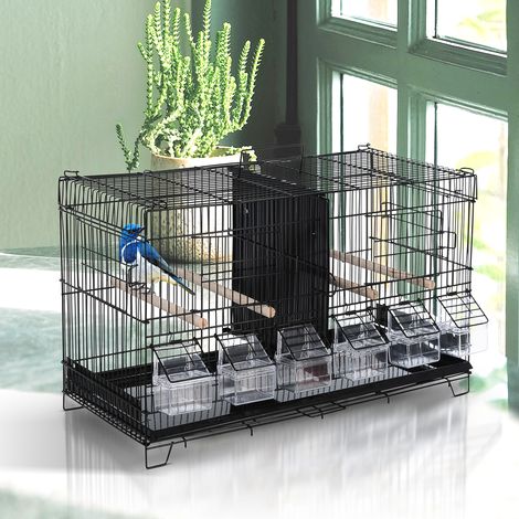 PawHut Vogelkäfig, Maße 59,5 x 26,5 x 39,5 cm (L x B x H), mit Futtertrögen, Sitzstangen, 4 Türen, herausnehmbarer Kotwanne und Tragegriff aus Metall, schwarzes PP