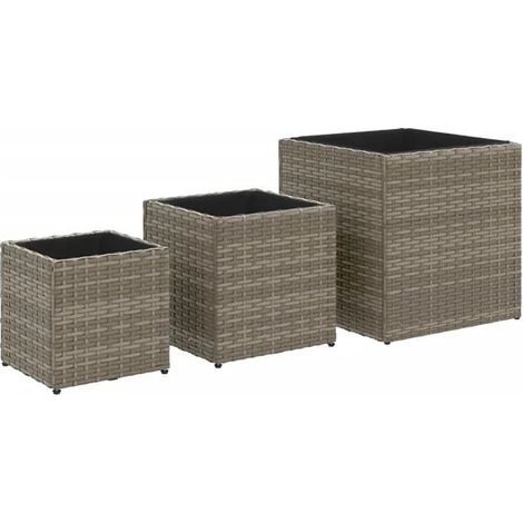 Ensemble de trois pots de fleurs d'extérieur, en résine tissée grise (1/5)