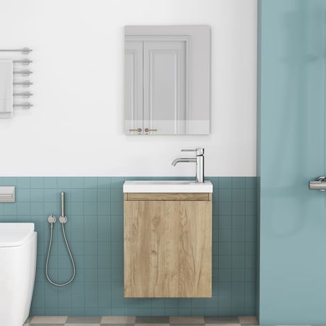 Meuble vasque mural 40cm effet bois, lavabo céramique et miroir inclus, sans poignée, charnières amorties, gain place salle bain ou WC invités (1/5)