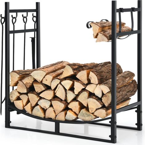 Goplus – Range bûches décoratif en acier résistant – 76 cm avec pieds surélevés – 6 crochets et 4 outils – Charge max 50 kg – Pour intérieur et extérieur (1/5)