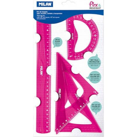 Set de traçage - Règle - Equerres - Rapporteur - Rose - Plastique - Milan (1/5)