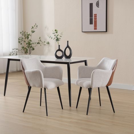 Wahson 2 PZ Sedie da Pranzo in Tessuto di Lino, Salotto con Braccioli Patchwork in Ecopelle e Lino Poltrona Moderna con Gambe in Metallo, per Soggiorno/Camera da Letto, Beige