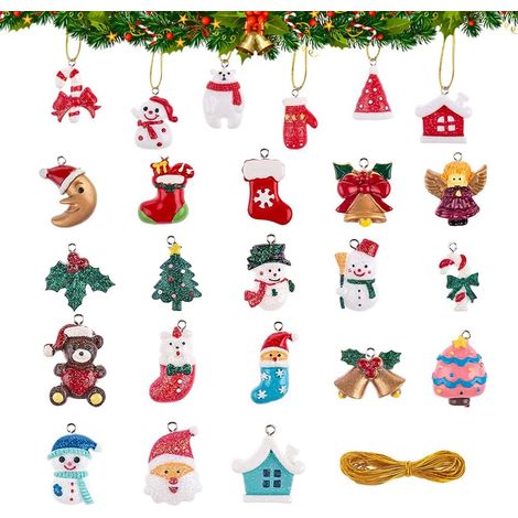 24 Pièces Ornements Miniatures de Noël Figurine de Noël Miniature Mini Figurine Noël Miniature de Résine Décoration de Noël Ornements de Noël en Résine avec Cordes de 5m pour Sapin de Noël