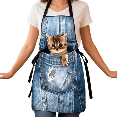 Tablier à motif chat - Ustensiles de cuisine - Tablier - Tablier femme - Idéal pour cuisiner/peindre - Polyester - Bleu (1/5)