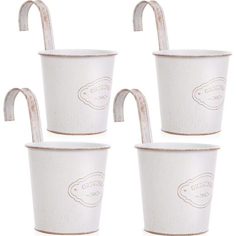 4 Pcs Pots de Fleurs à Suspendre en Métal avec Trou de Drainage, Petits Pots de Fleurs Blancs avec Crochet Amovible, Style Vintage pour Balcon,Jardin, Extérieur et Intérieur (1/5)