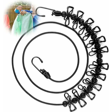 Portable Elastic Travel Clothesline with 12 Pack Travel Clothespins Gadgets,Travel Clothesline-for Garden, Hotel, Camping, Travel, Balcony and Indoor Use, Black- (1/5)