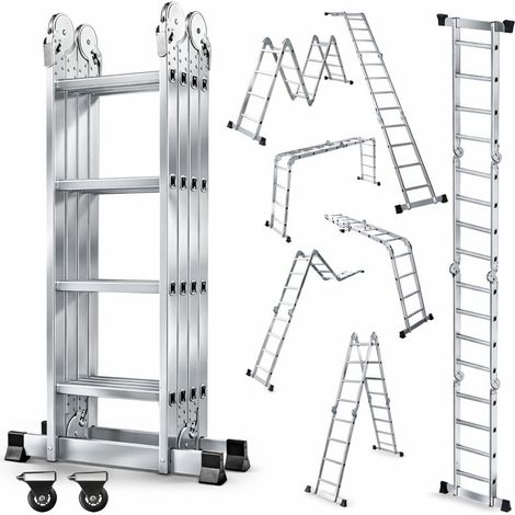 OUTIGO Échelle Multifonction Pliante, 4 x 4 en Aluminium échelle 7 en 1, jusqu'à 150 kg,Échelle Téléscopique, Échelle Pliante, Escabeau Pliant, Bricolage Peinture Toiture (4 x 4 Marches)