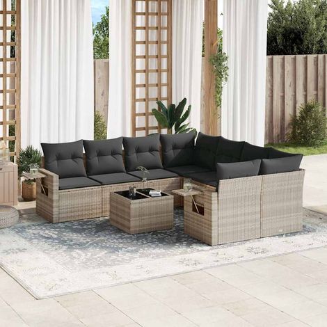 Salon de Jardin 9 Pièces Gris Canapé d'Extérieur en Résine Tressée avec Coussins Gris Foncé, Verre Trempé et Tables d'Appoint Ensemble Modulaire L 85 x P 62 x H 69 cm (1/5)