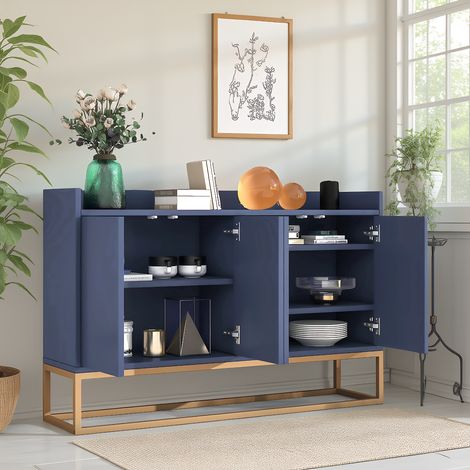 Buffet Bahut Salon avec 4 portes et 3 étagères, Meuble Salle à Manger avec Pieds en Métal, Armoire Bas, Style Moderne, 120x30x80cm, Bleu (1/5)