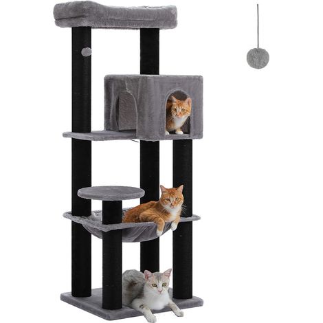 PAWZ Road Arbre à Chat en Bois, Tour de Chat Moderne, avec Griffoirs Sisal, Condo Confortable et Grand Hamac, Poteaux de Ø10 cm, 147cm, Noir (1/5)