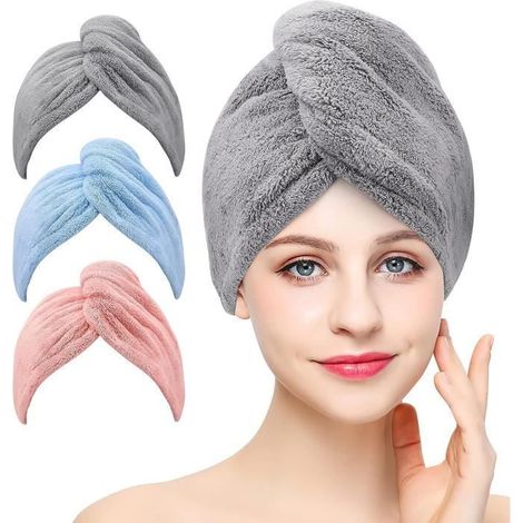 3 serviettes séchage microfibre, super absorbantes avec boutons, pour cheveux secs, coloris gris rose bleu (1/4)