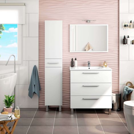 Pack de muebles de Baño en Blanco brillo (Mueble baño + espejo + lavabo cerámico + columna auxiliar)