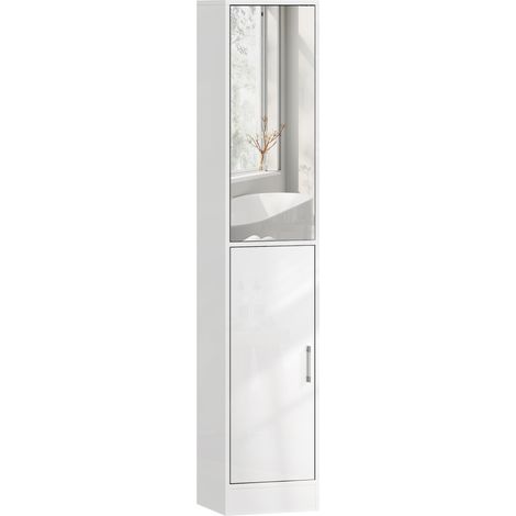 kleankin Tall Bathroom Cabinet with Mirror, High Gloss White (1/5)