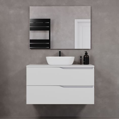 Meuble de salle de bain 100cm avec plateau et vasque à poser zeus - 2 tiroirs - blanc - LUNA (1/5)