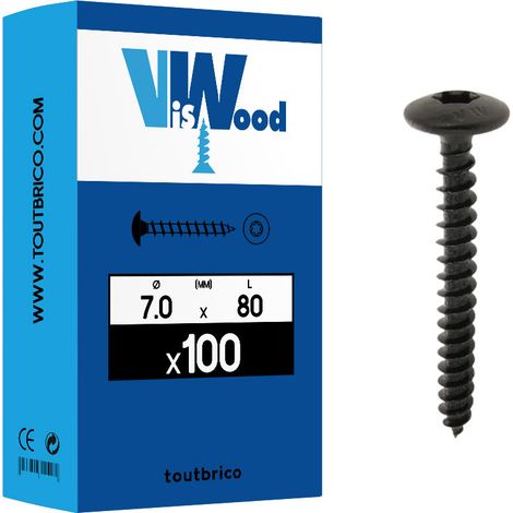 Vis de penture empreinte torx acier zingué noir entièrement filetées. diamètre 7 mm. longueur 80 mm. boîte de 100 vis - VISWOOD (1/4)