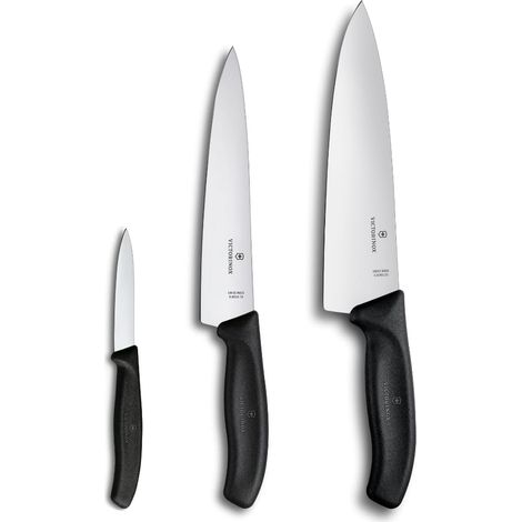 Lot de couteaux de cuisine pour pros, 3 pièces, Avec couteaux à légumes, de cuisine et de chef, Universels, Lames lisses, 8-20 cm, Noir (1/5)