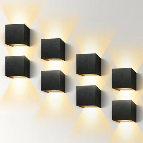 Set di 8 applique da parete per interni ed esterni, 6W LED IP65 impermeabile, moderna, angolo del fascio luminoso regolabile, luce calda, nera.