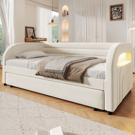 Cama nido 90x200 cm en terciopelo beige con cama auxiliar extraíble y LED (1/5)