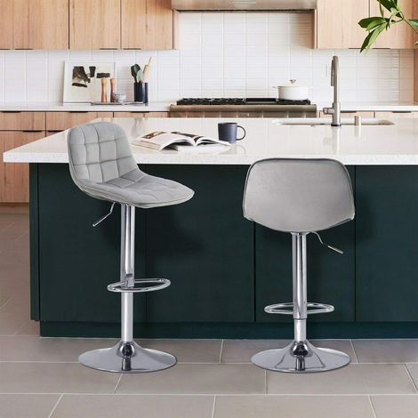 Set of 2 high bar stools with backrest - Height-adjustable chrome frame - Swivel - For bar, counter, kitchen, cafe, bar - Velvet grey (1/5)