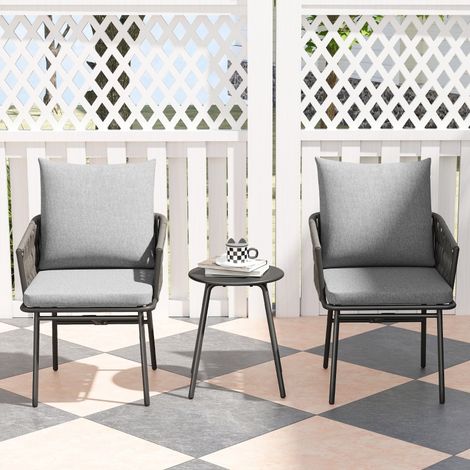 Bistro rotin 3 pièces, 2 chaises, table basse, coussins amovibles, acier, gris