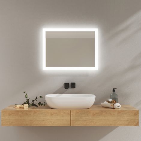 EMKE Miroir lumineux salle de bain 60x45cm, Miroir LED avec Interrupteur à bouton, Anti-buée, Miroir avec éclairage lumière Blanche Froide/Chaude (1/5)