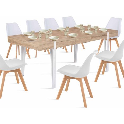 Idmarket – Table extensible rectangulaire 160-200 cm – 6-10 personnes – Bois clair avec pieds épingle blancs – Design industriel moderne