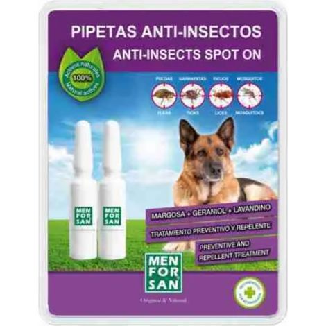 MENFORSAN Pipetas Anti-Insectos para Perros - Pack 2 blíster (4 Unidades en Total) - con Margosa, Geraniol y Lavandino, contra Pulgas, Garrapatas y Mosquitos (Incluido Flebótomo)