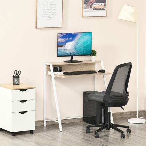 Schreibtisch, Computertisch mit Ablage und Kabel Management, moderner Schreibtisch mit Metallgestell für Arbeitszimmer, Schlafzimmer, Home Office, 84 x 45 x 85 cm, Weiß+Eiche