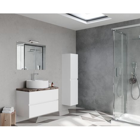 Meuble de salle de bain suspendu 80 cm en bois blanc brillant et plateau en chêne fossile avec vasque et miroir - Civo - Con specchio e lavabo tondo (1/5)