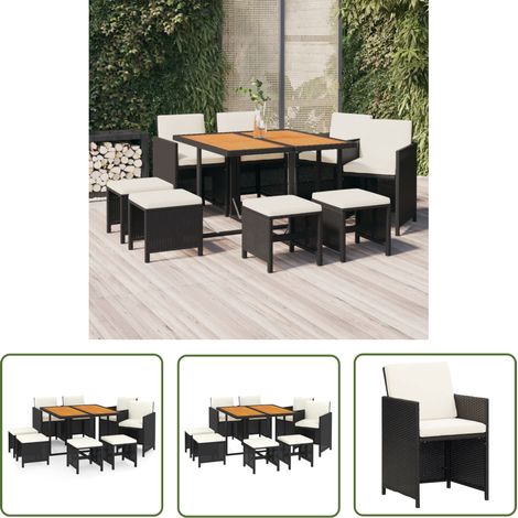 The Living Store Ensemble à manger de jardin coussins 9pcs Résine tressée Noir - Salon De Jardin - Meubles De Jardin - Ensemble Salon De Jardin - Table Et Chaises De Jardin - Résine Tressée (1/5)