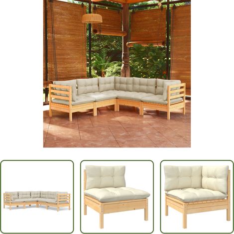 Terrassensofa - 5-tlg. Garten-Lounge-Set mit Creme Kissen Massivholz Kiefer (1/5)