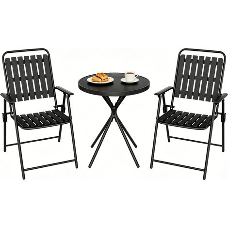 CHICFURN Salón de jardín 3 piezas negro de hierro, vidrio y PP, mesa redonda 60 x 70 cm para balcón (1/5)