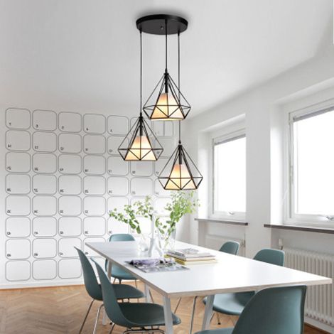 3 Flammig Pendelleuchte Retro Diamant Käfig Eisen E27 Runde Basis für Flur Küche Schlafzimmer Wohnzimmer Cafét (Schwarz)