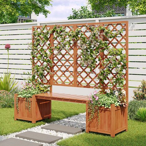 Bac à plantes avec treillis et siège pour jardin cour terrasse，Brun Sapin massif (1/5)