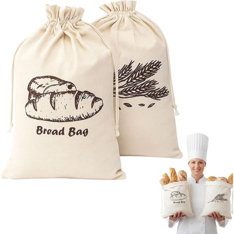 Lot de 2 sacs à pain en lin, réutilisables et à cordon, avec cordon de serrage. Sacs de rangement lavables en tissu respirant en coton. Idéaux pour le pain maison, les baguettes et autres viennoiserie (1/5)