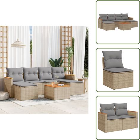 The Living Store 7-tlg. Garten-Sofagarnitur mit Kissen Beige Poly Rattan - Gartenmöbel Set - Outdoor Lounge - Rattan Gartenset - Gartenlounge - Balkonmöbel