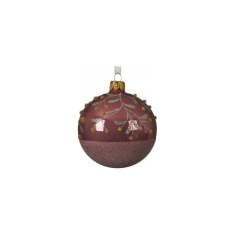 Pallina sfera natalizia in vetro Rosa Velvet ramo Bacche 8 cm