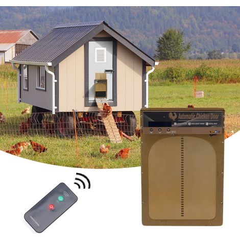 Porte de poulailler automatique à minuterie télécommandée par capteur de lumière, porte de cage à poulets trois en un, équipement de sécurité agricole (or). (1/5)